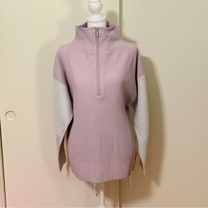 Stylish Pleated Women's Half-Zip Sweatshirt- Pink and White